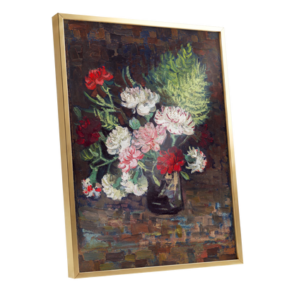 Petals After Dusk, brown, green, red floral wall art shown as a gold framed poster wall art print
