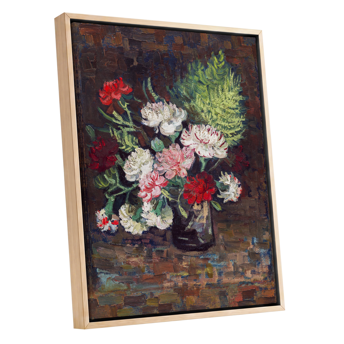 Petals After Dusk, brown, green, red floral wall art shown as a oak framed canvas wall art