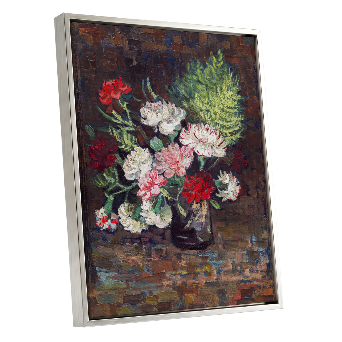 Petals After Dusk, brown, green, red floral wall art shown as a silver framed canvas wall art