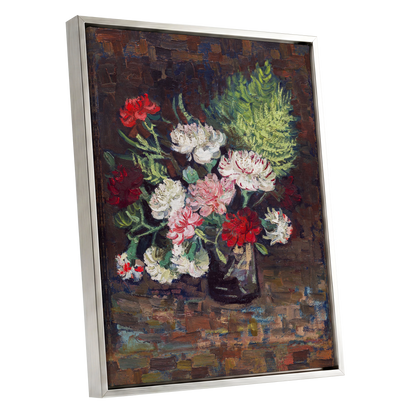 Petals After Dusk, brown, green, red floral wall art shown as a silver framed canvas wall art