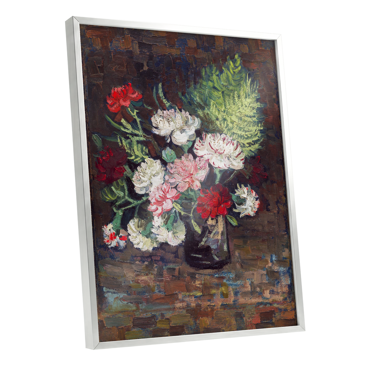 Petals After Dusk, brown, green, red floral wall art shown as a silver framed poster wall art print