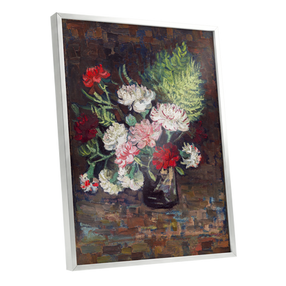 Petals After Dusk, brown, green, red floral wall art shown as a silver framed poster wall art print