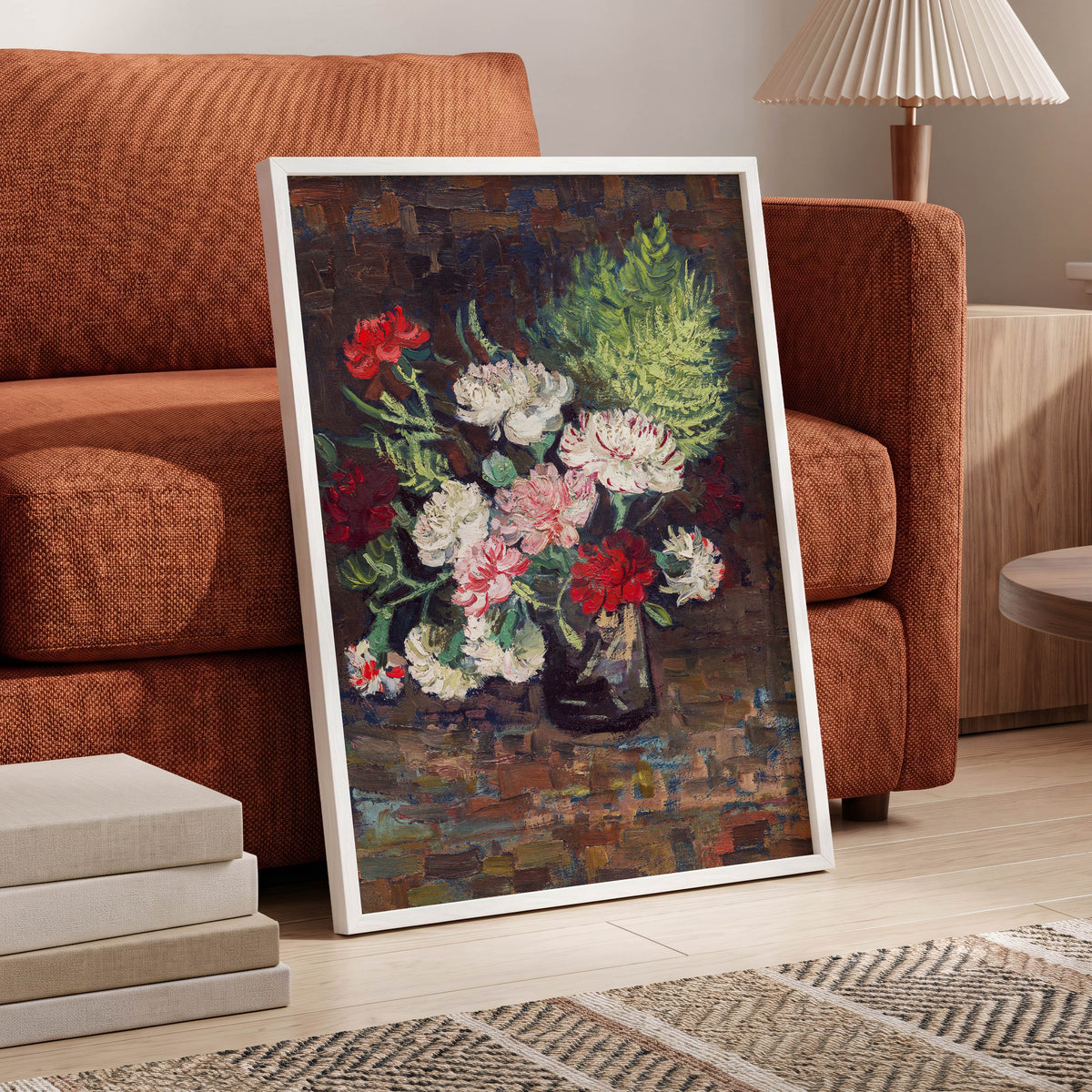 Petals After Dusk, brown, green, red floral wall art displayed in a styled interior, gallery view 6