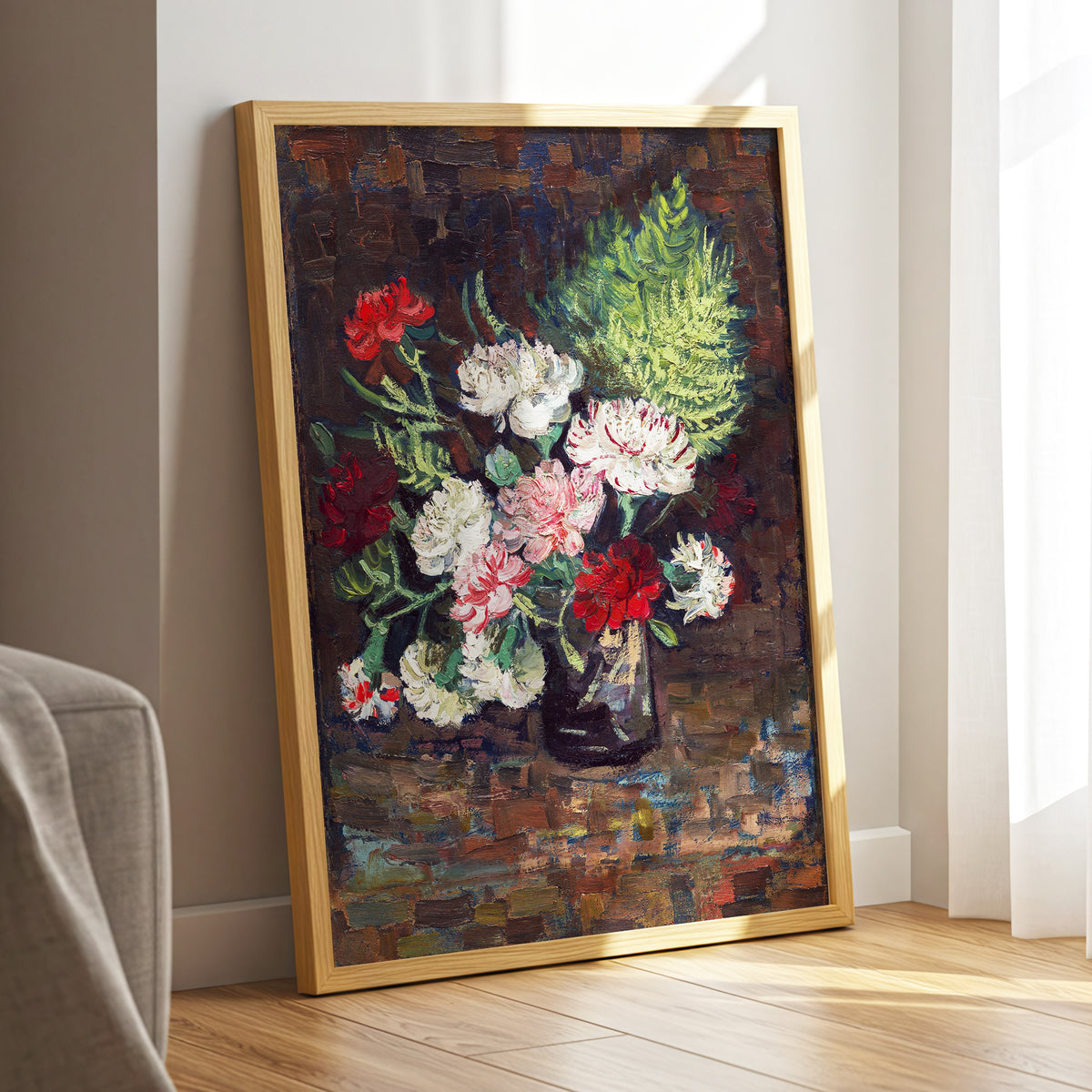 Petals After Dusk, brown, green, red floral wall art displayed in a styled interior, gallery view 9