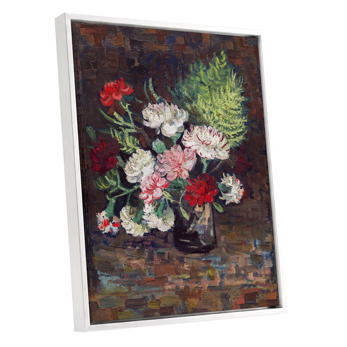 Petals After Dusk, brown, green, red floral wall art shown as a white framed canvas wall art