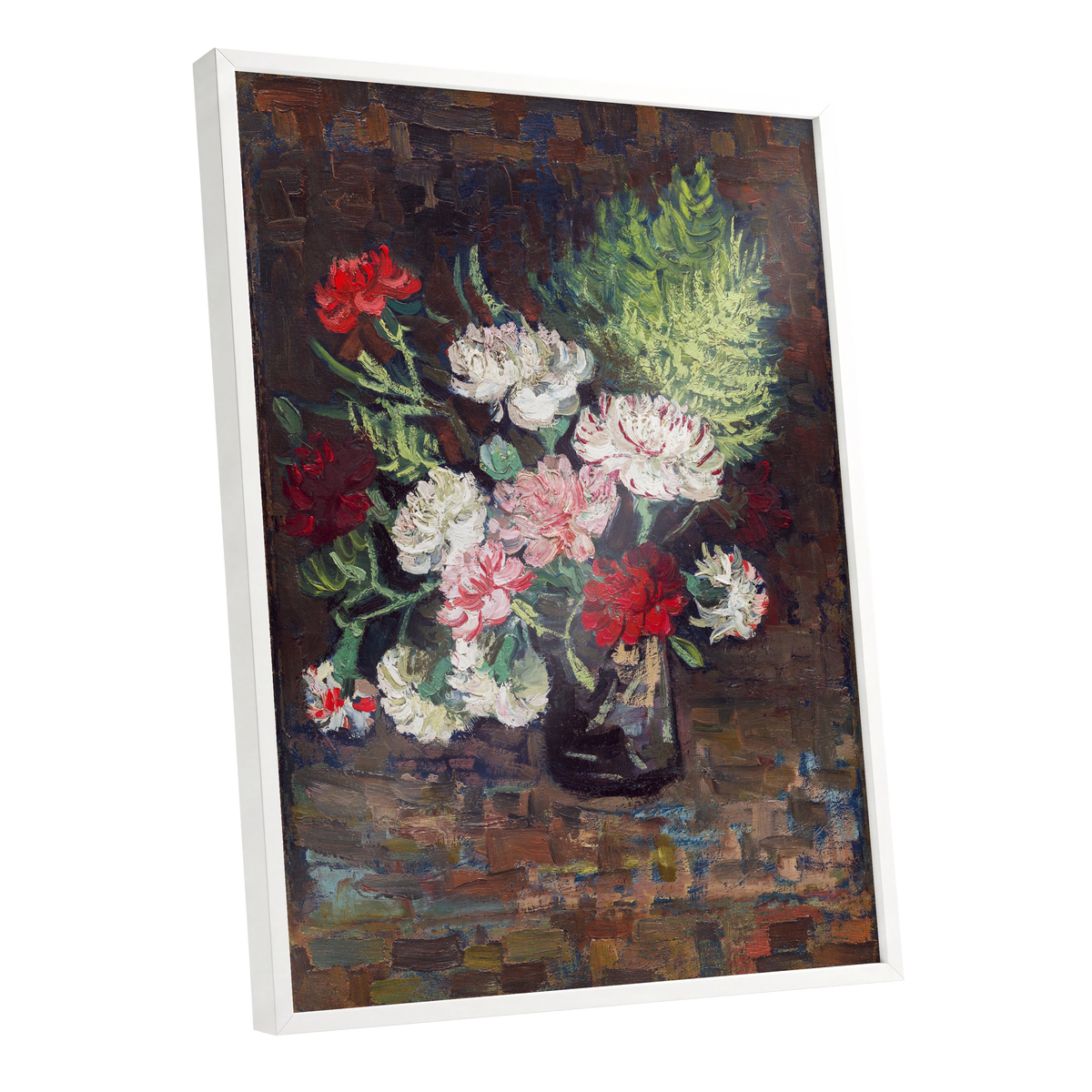 Petals After Dusk, brown, green, red floral wall art shown as a white framed poster wall art print