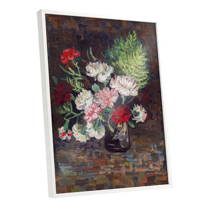 Petals After Dusk, brown, green, red floral wall art shown as a white framed poster wall art print