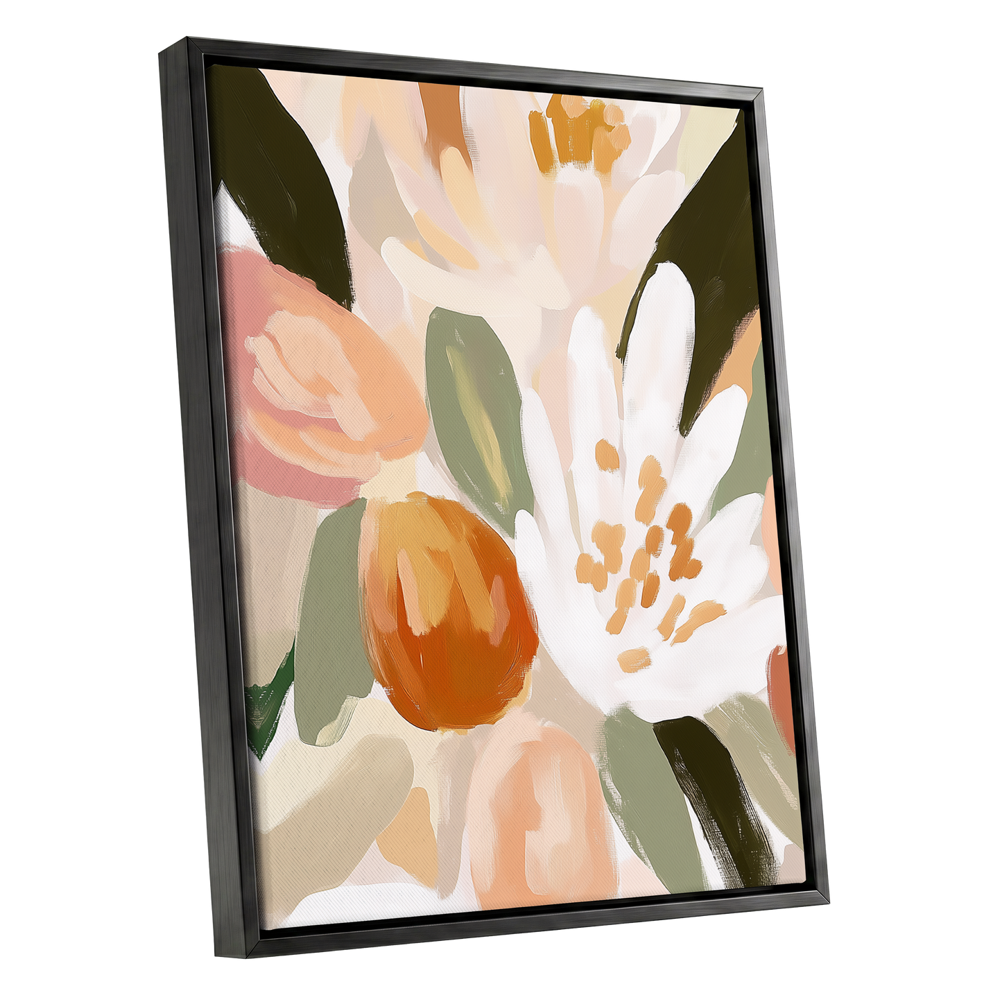Petals in Apricot Light, white, green, beige floral wall art shown as a black framed canvas wall art