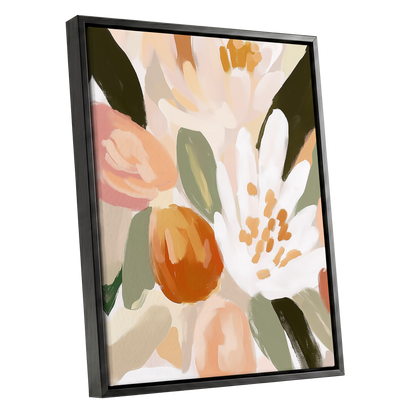 Petals in Apricot Light, white, green, beige floral wall art shown as a black framed canvas wall art