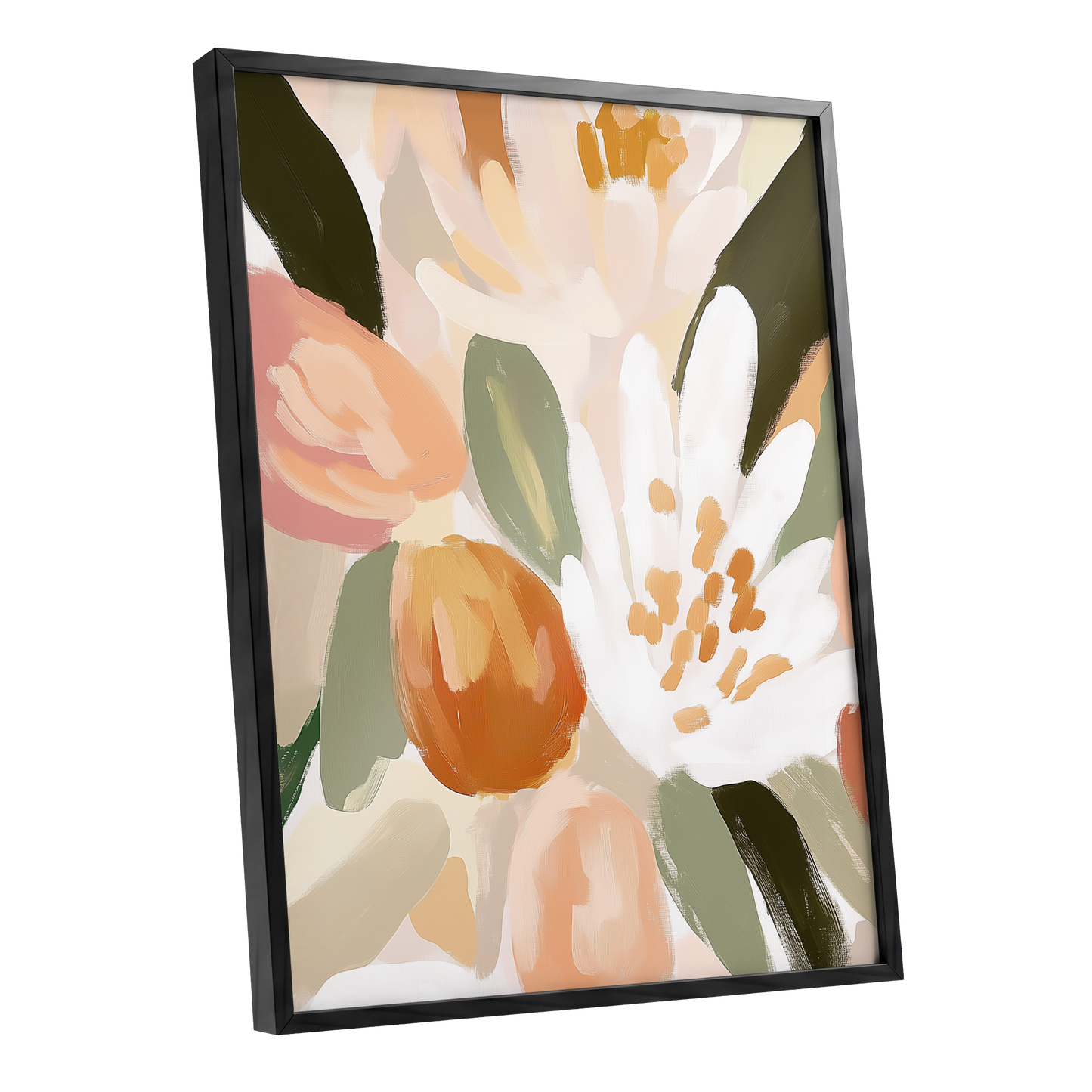 Petals in Apricot Light, white, green, beige floral wall art shown as a black framed poster wall art print