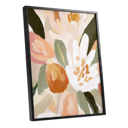 Petals in Apricot Light, white, green, beige floral wall art shown as a black framed poster wall art print