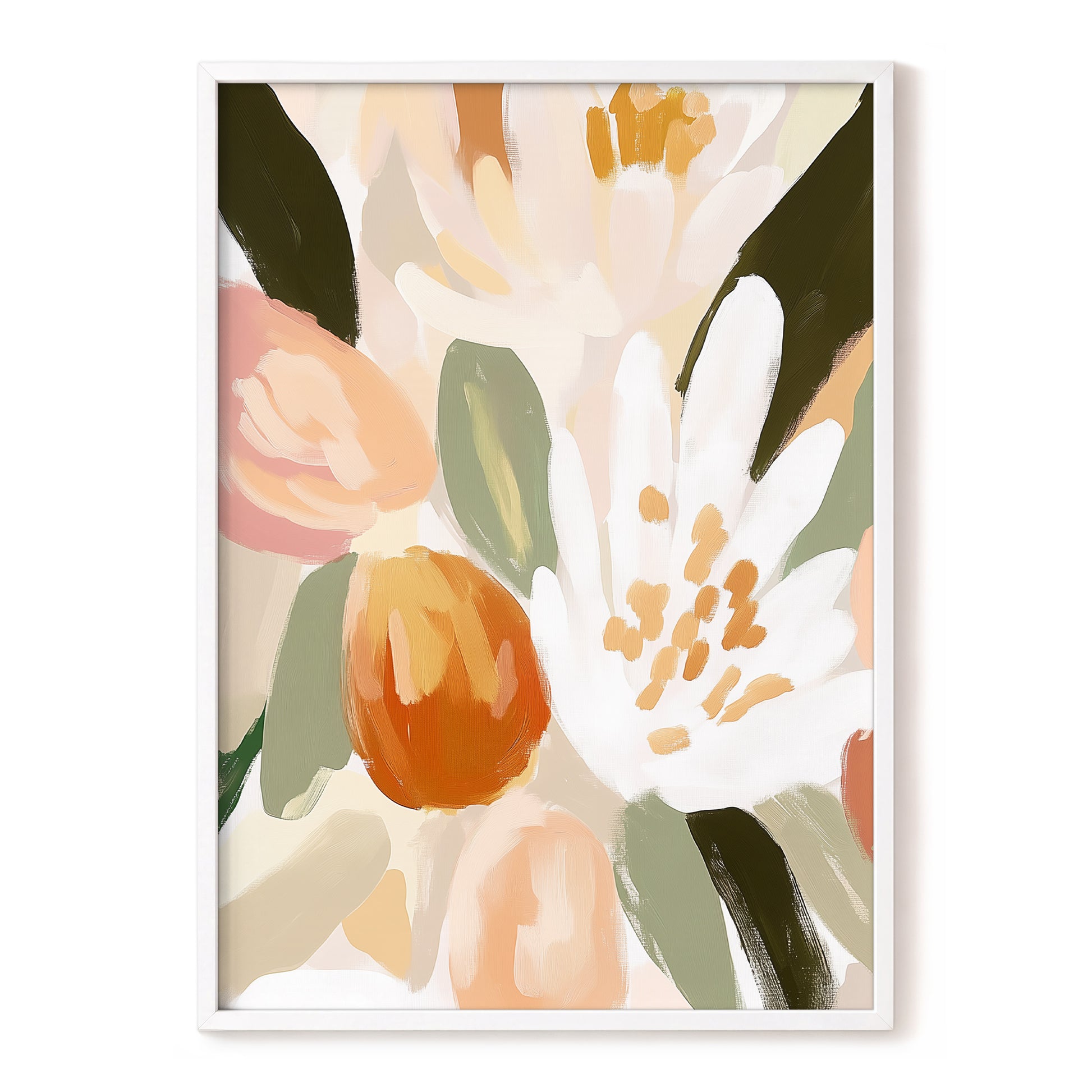 Petals in Apricot Light, white, green, beige floral wall art, front artwork view