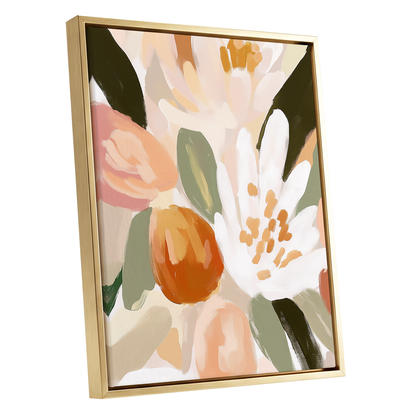 Petals in Apricot Light, white, green, beige floral wall art shown as a gold framed canvas wall art