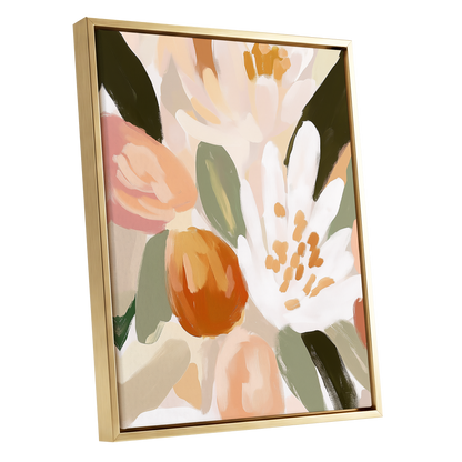 Petals in Apricot Light, white, green, beige floral wall art shown as a gold framed canvas wall art