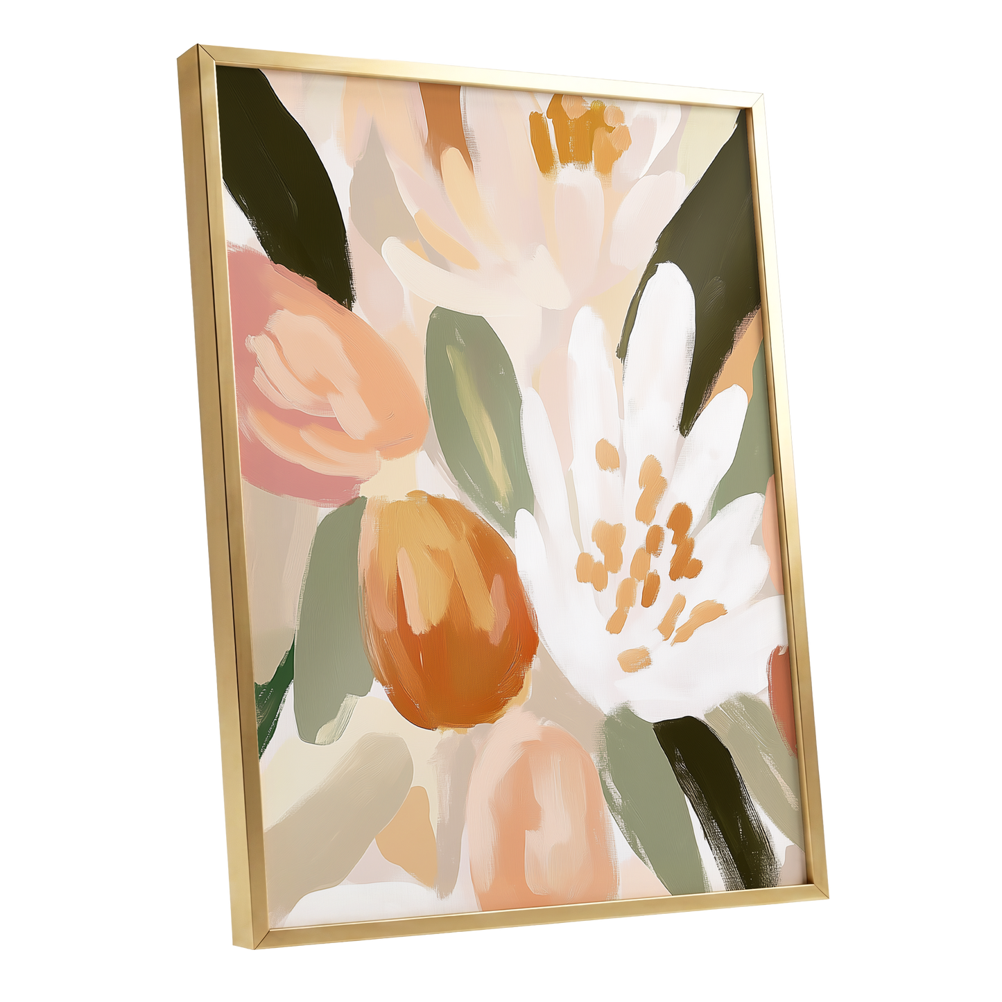 Petals in Apricot Light, white, green, beige floral wall art shown as a gold framed poster wall art print