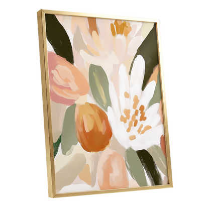Petals in Apricot Light, white, green, beige floral wall art shown as a gold framed poster wall art print