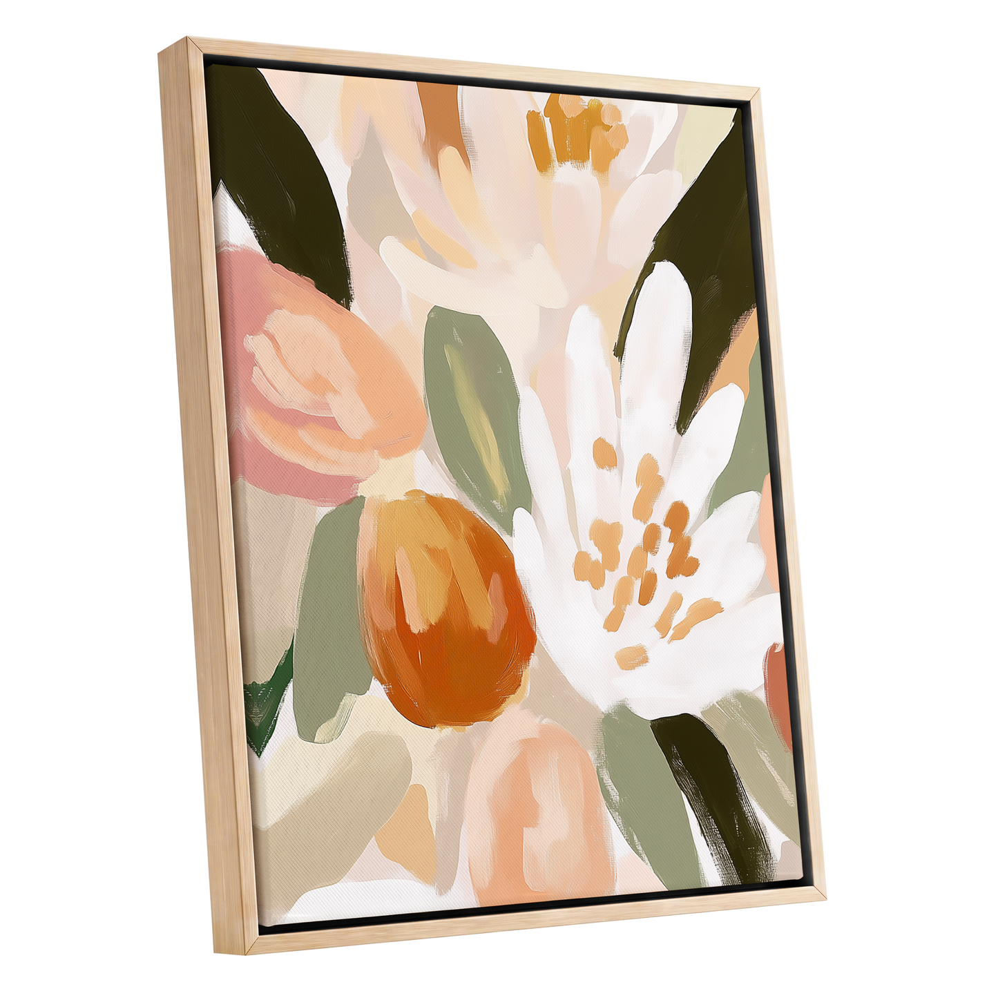 Petals in Apricot Light, white, green, beige floral wall art shown as a oak framed canvas wall art