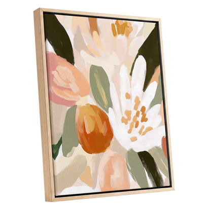 Petals in Apricot Light, white, green, beige floral wall art shown as a oak framed canvas wall art