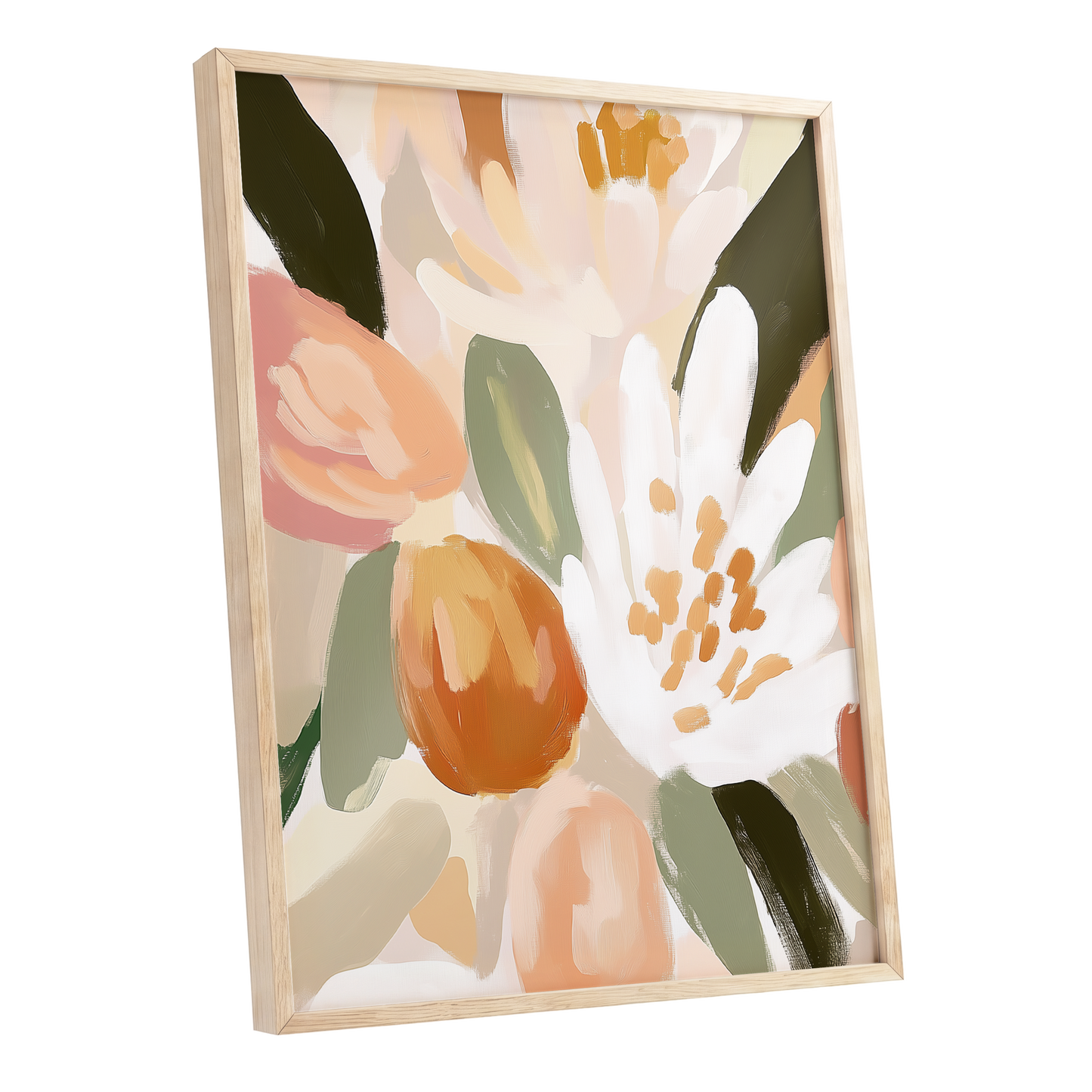 Petals in Apricot Light, white, green, beige floral wall art shown as a oak framed poster wall art print