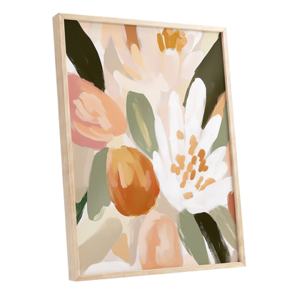 Petals in Apricot Light, white, green, beige floral wall art shown as a oak framed poster wall art print