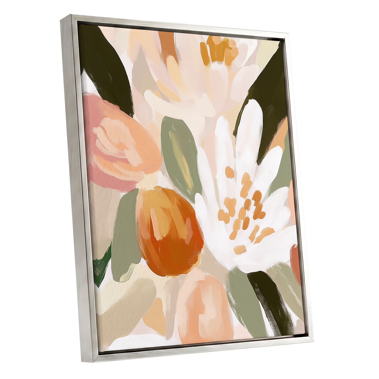 Petals in Apricot Light, white, green, beige floral wall art shown as a silver framed canvas wall art