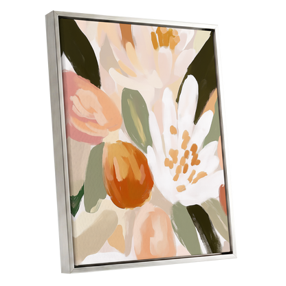 Petals in Apricot Light, white, green, beige floral wall art shown as a silver framed canvas wall art