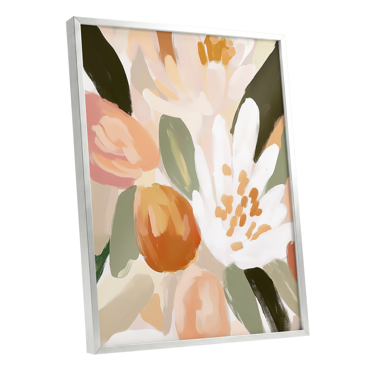 Petals in Apricot Light, white, green, beige floral wall art shown as a silver framed poster wall art print