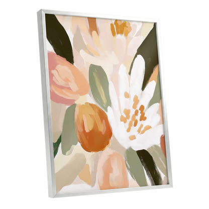 Petals in Apricot Light, white, green, beige floral wall art shown as a silver framed poster wall art print