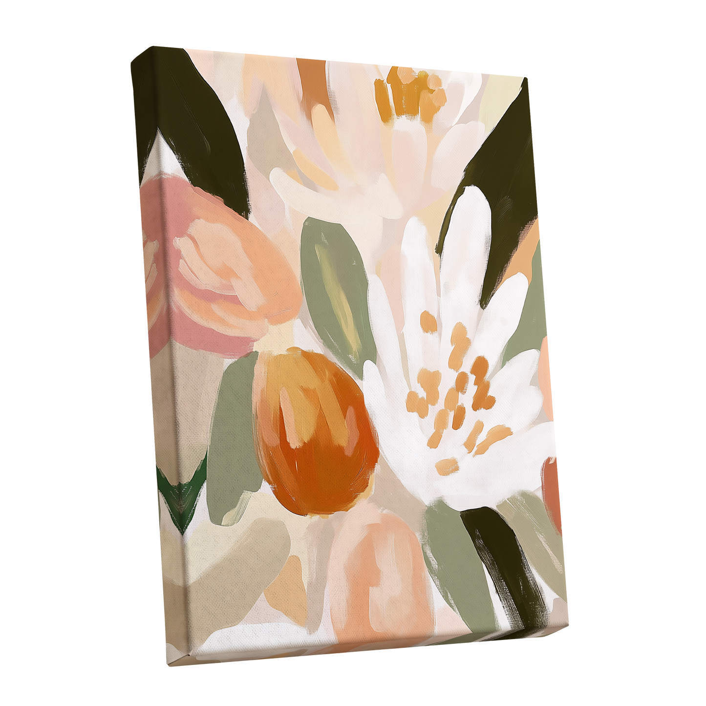 Petals in Apricot Light, white, green, beige floral wall art shown as a stretched canvas wall art