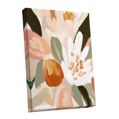 Petals in Apricot Light, white, green, beige floral wall art shown as a stretched canvas wall art
