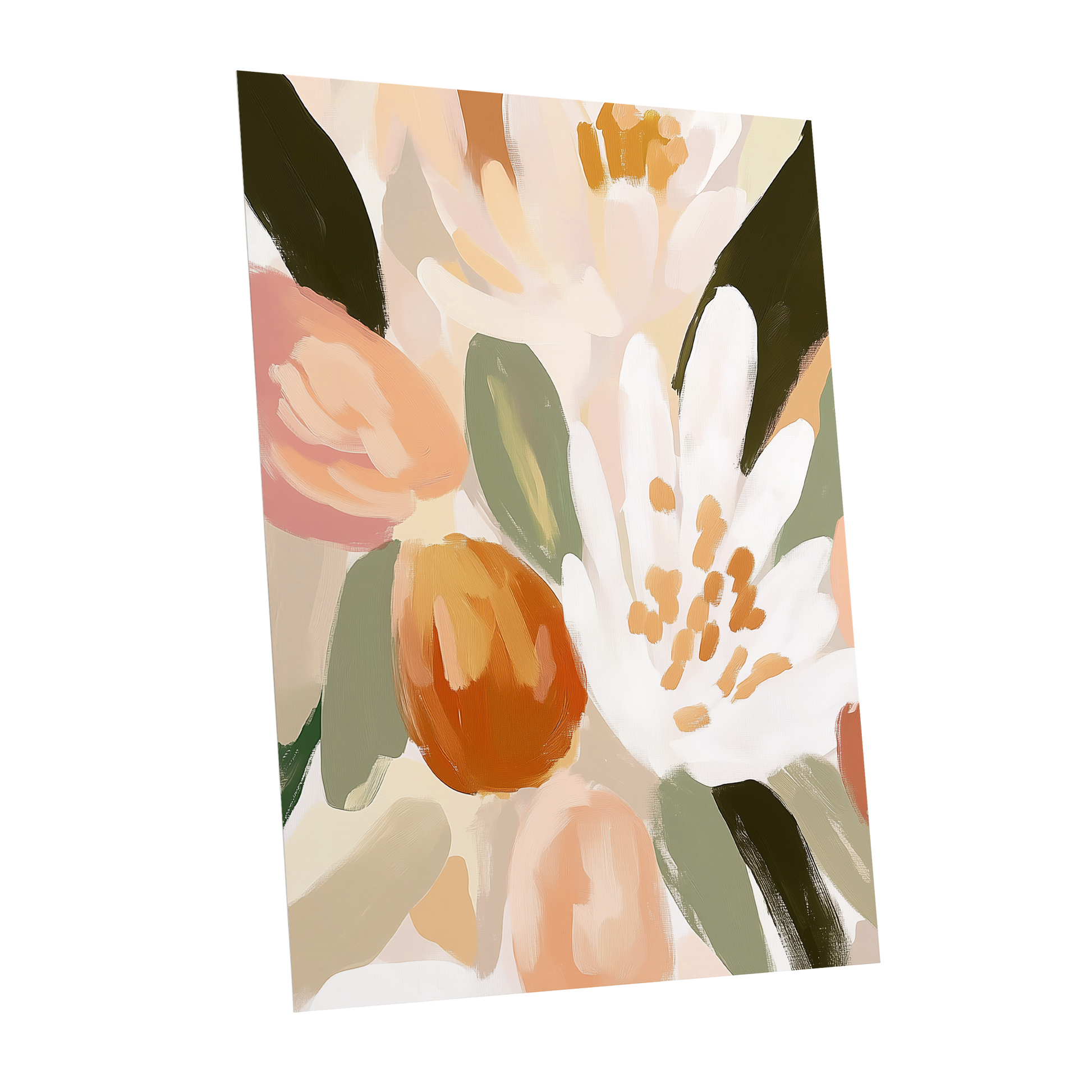 Petals in Apricot Light, white, green, beige floral wall art shown as a unframed poster wall art print