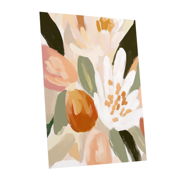 Petals in Apricot Light, white, green, beige floral wall art shown as a unframed poster wall art print