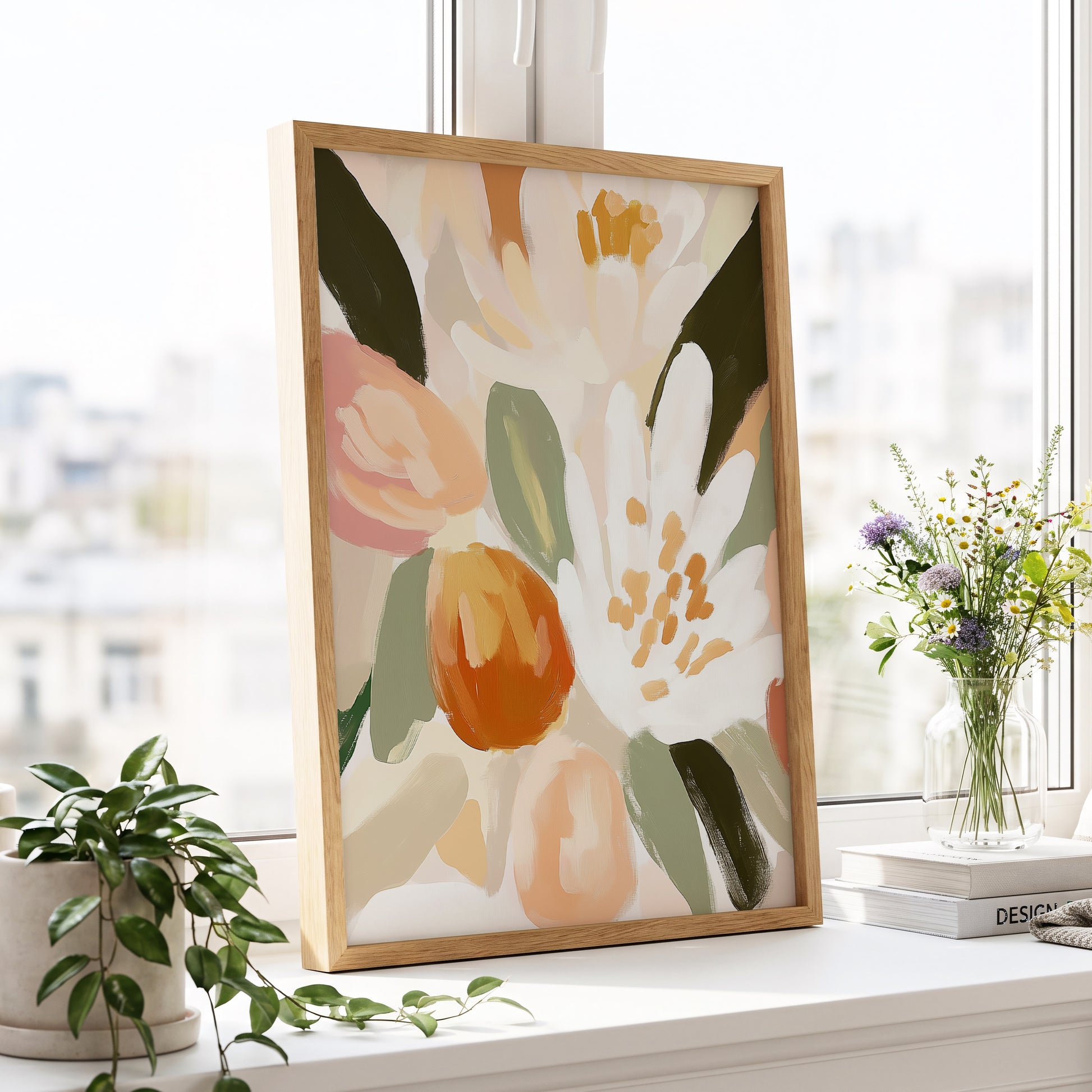 Petals in Apricot Light, white, green, beige floral wall art displayed in a styled interior, gallery view 2