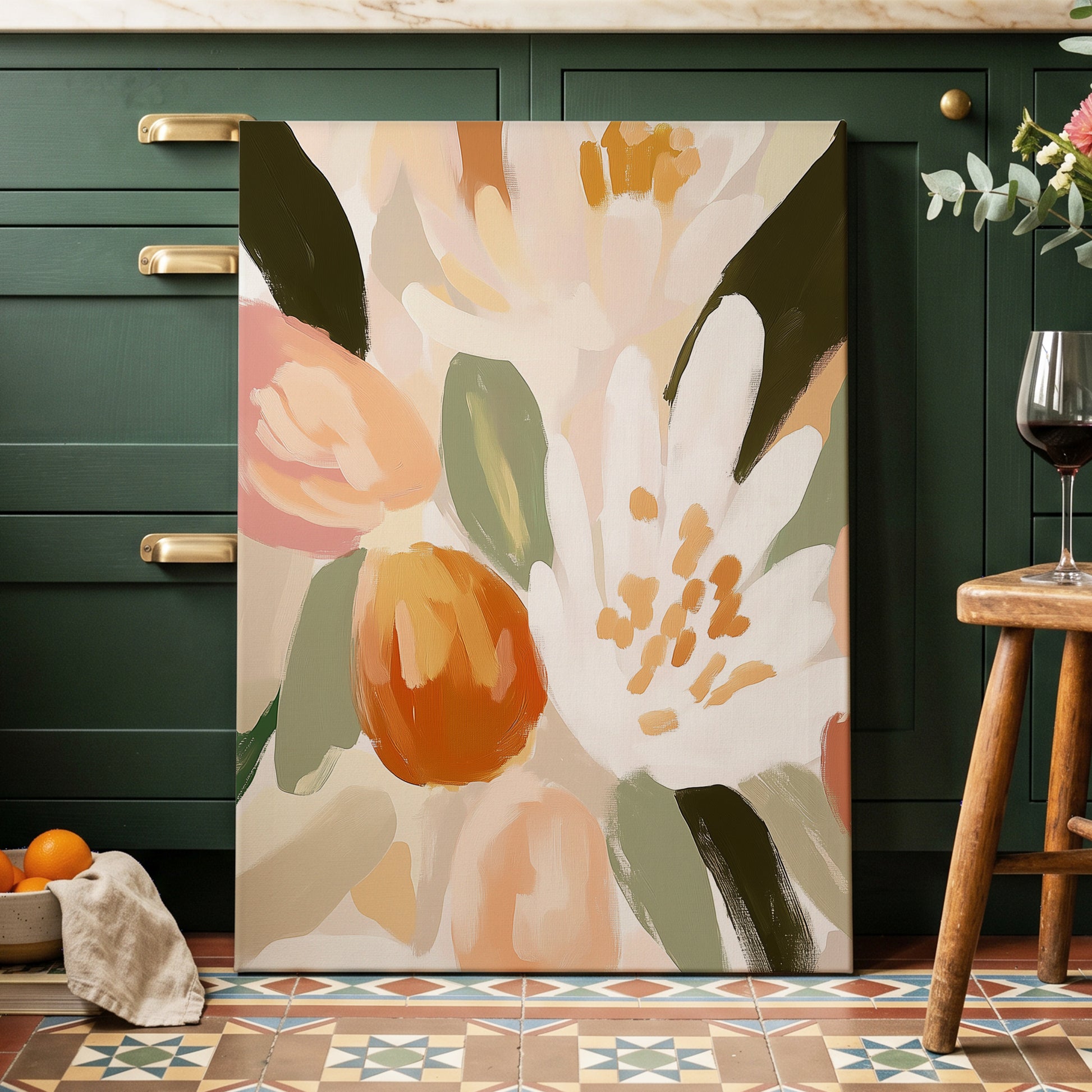 Petals in Apricot Light, white, green, beige floral wall art displayed in a styled interior, gallery view 3