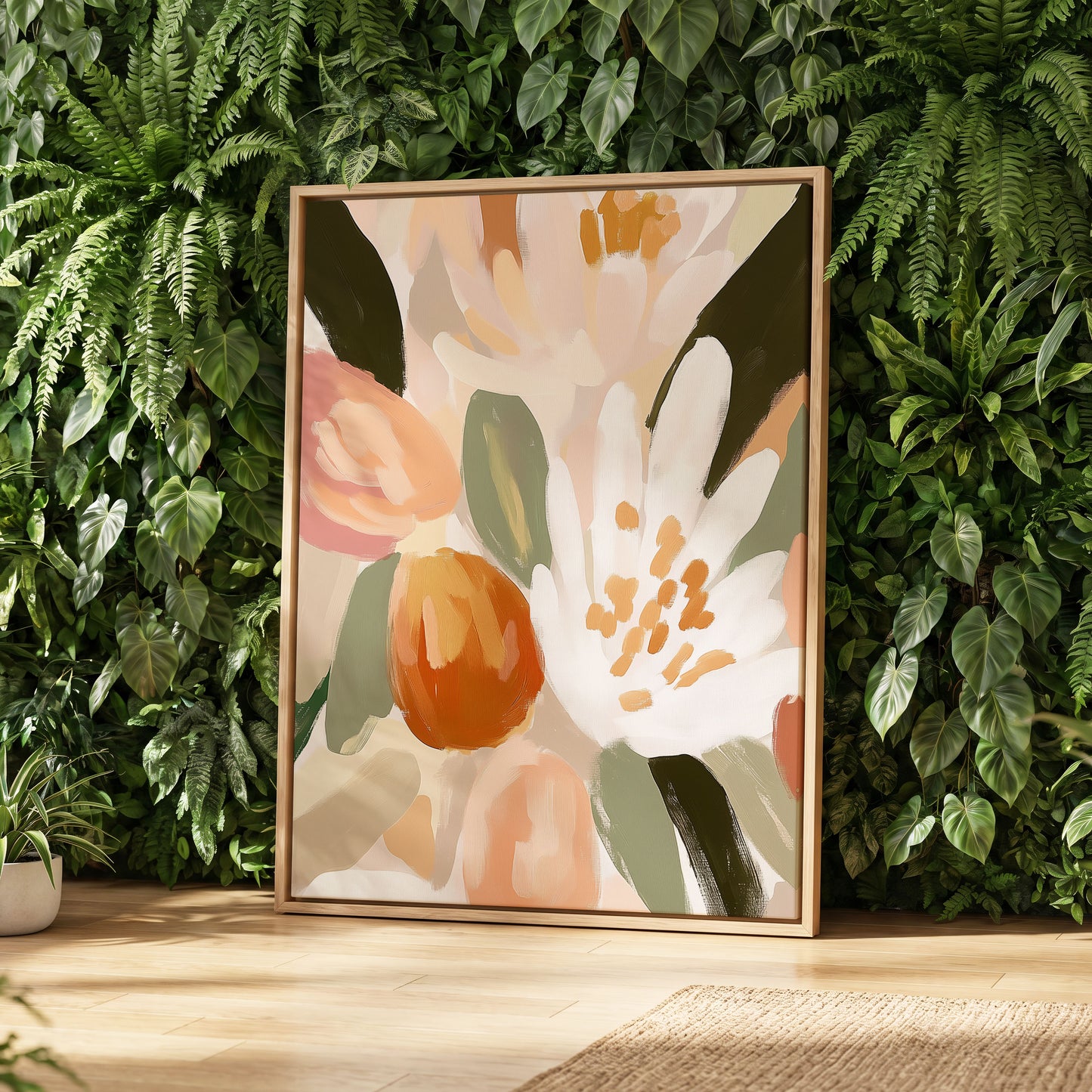 Petals in Apricot Light, white, green, beige floral wall art displayed in a styled interior, gallery view 4