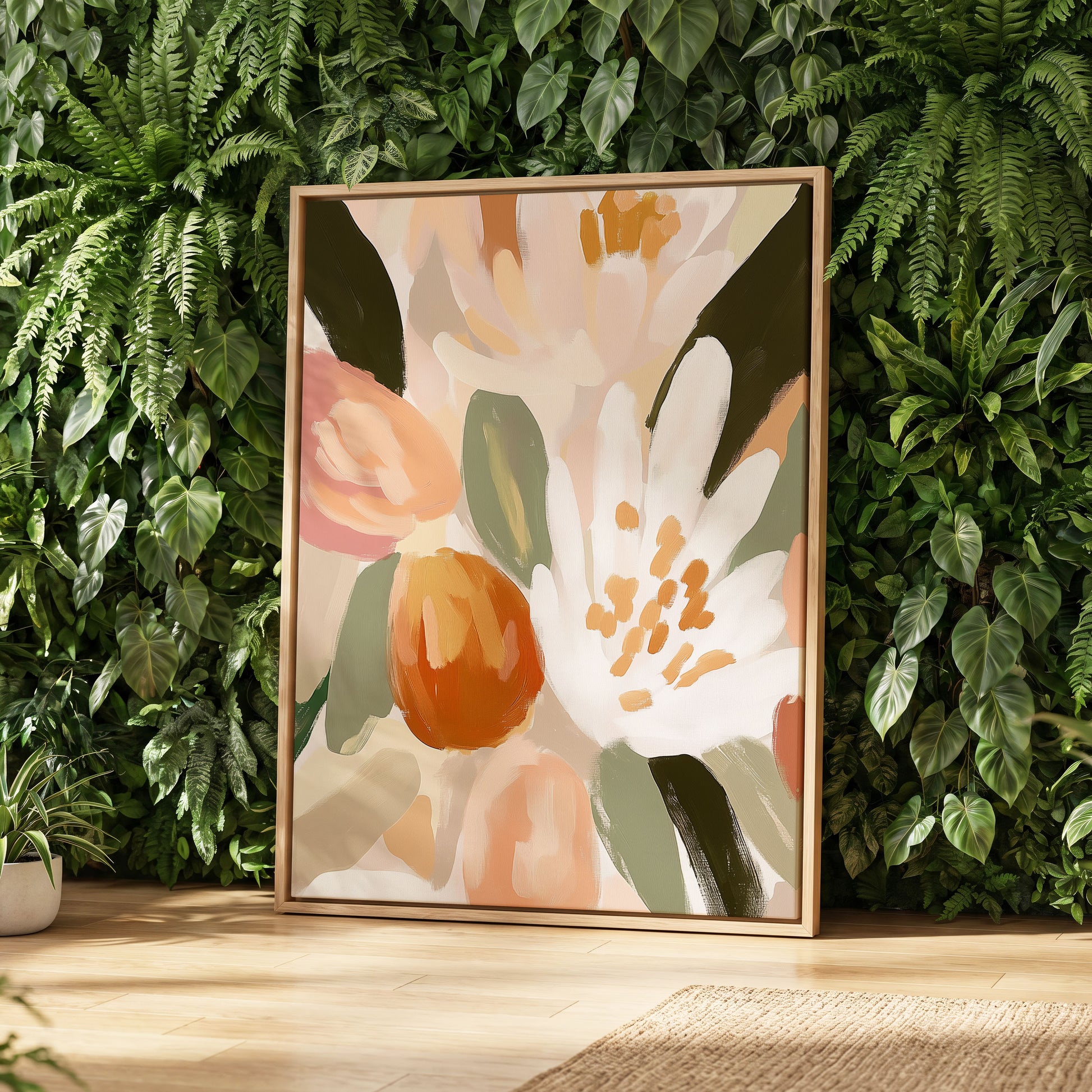Petals in Apricot Light, white, green, beige floral wall art displayed in a styled interior, gallery view 4