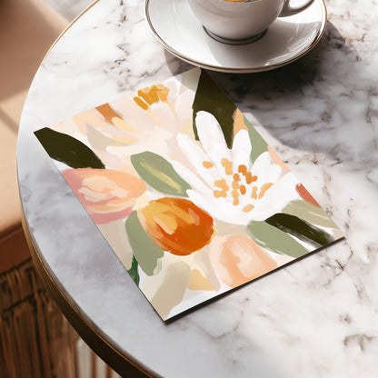 Petals in Apricot Light, white, green, beige floral wall art displayed in a styled interior, gallery view 5