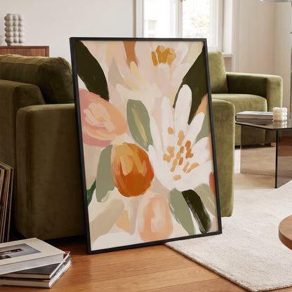 Petals in Apricot Light, white, green, beige floral wall art displayed in a styled interior, gallery view 6