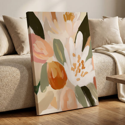 Petals in Apricot Light, white, green, beige floral wall art displayed in a styled interior, gallery view 7