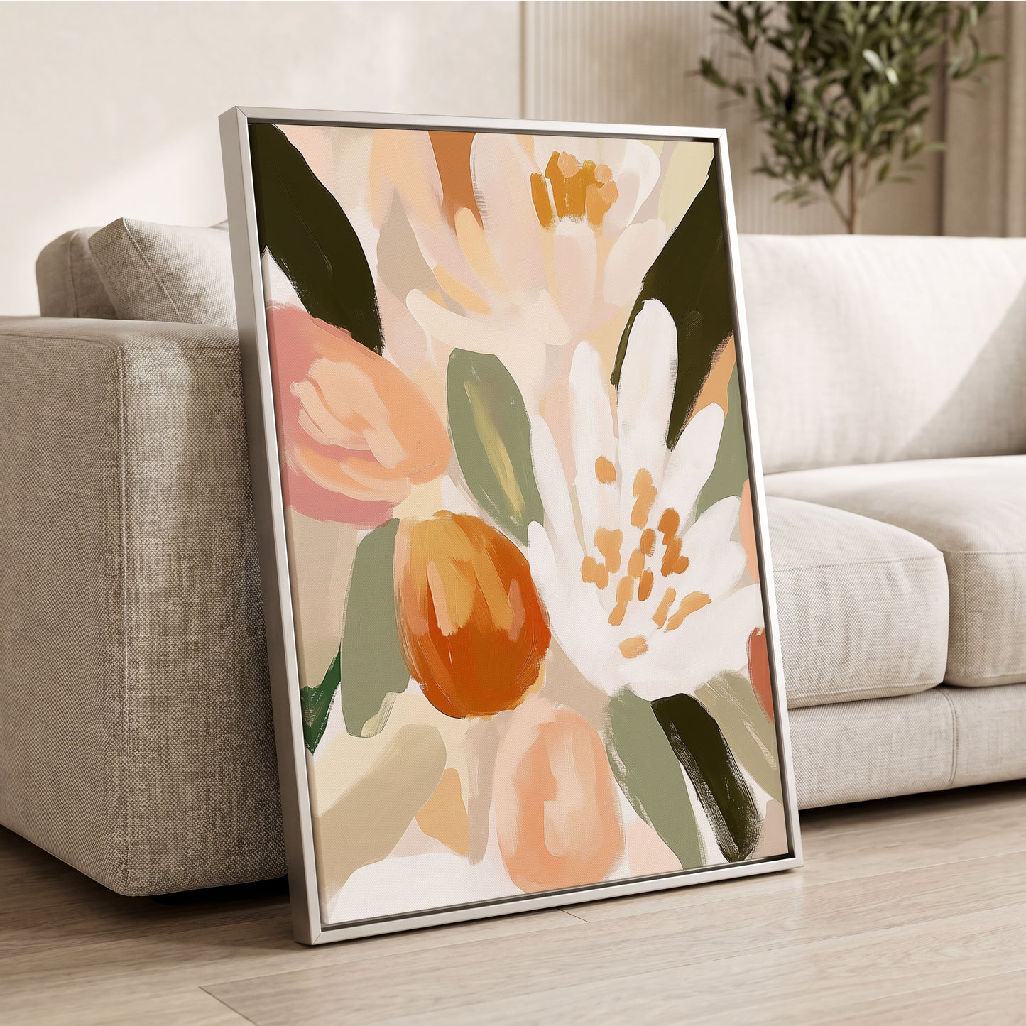 Petals in Apricot Light, white, green, beige floral wall art displayed in a styled interior, gallery view 8