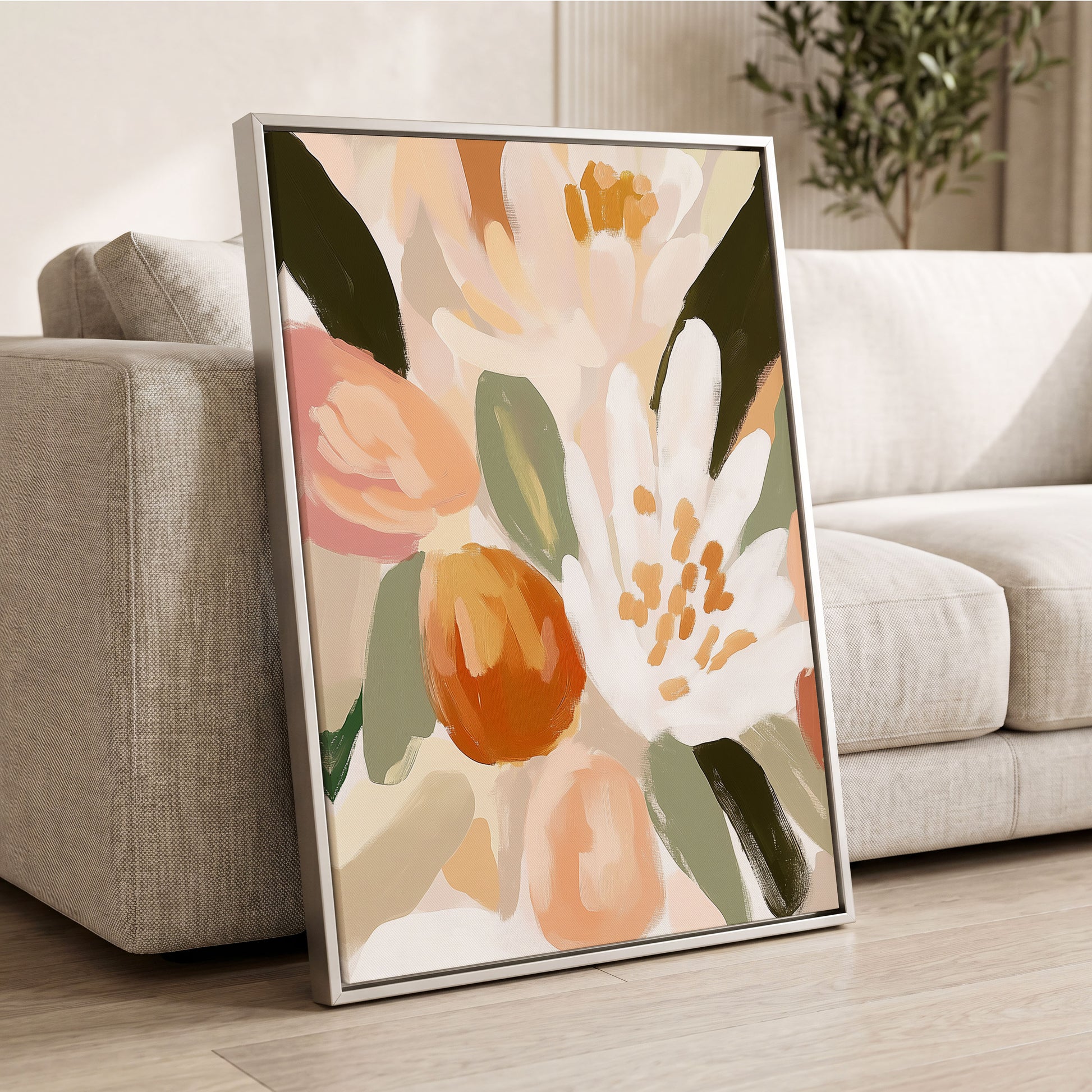 Petals in Apricot Light, white, green, beige floral wall art displayed in a styled interior, gallery view 8