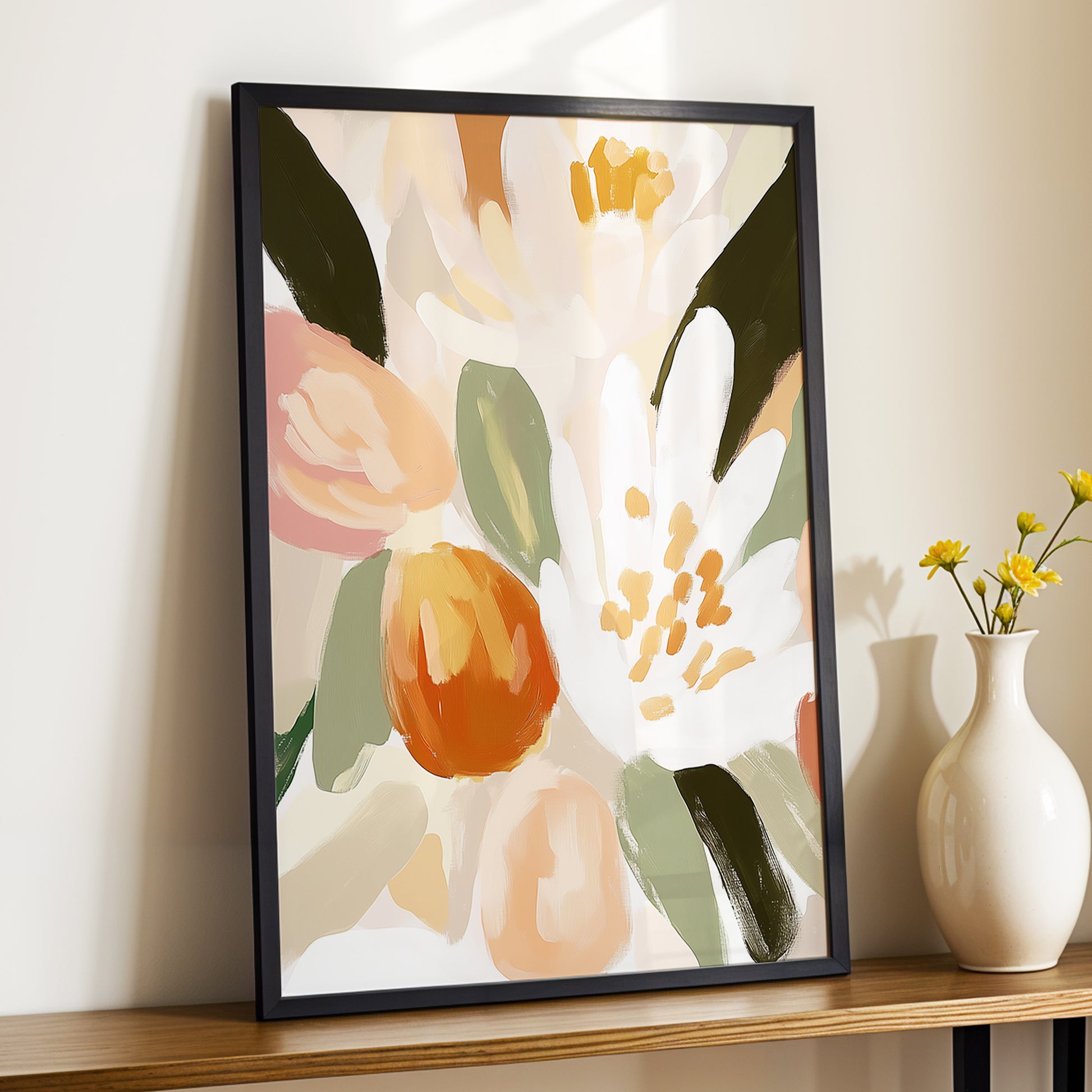 Petals in Apricot Light, white, green, beige floral wall art displayed in a styled interior, gallery view 9