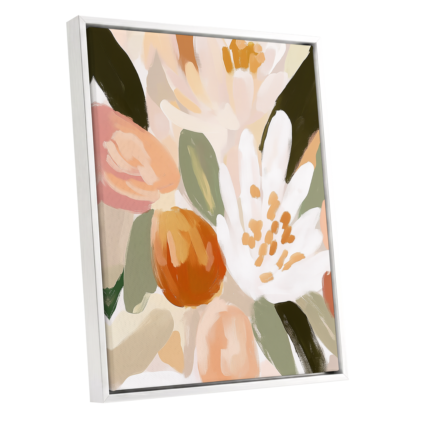 Petals in Apricot Light, white, green, beige floral wall art shown as a white framed canvas wall art