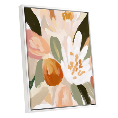 Petals in Apricot Light, white, green, beige floral wall art shown as a white framed canvas wall art