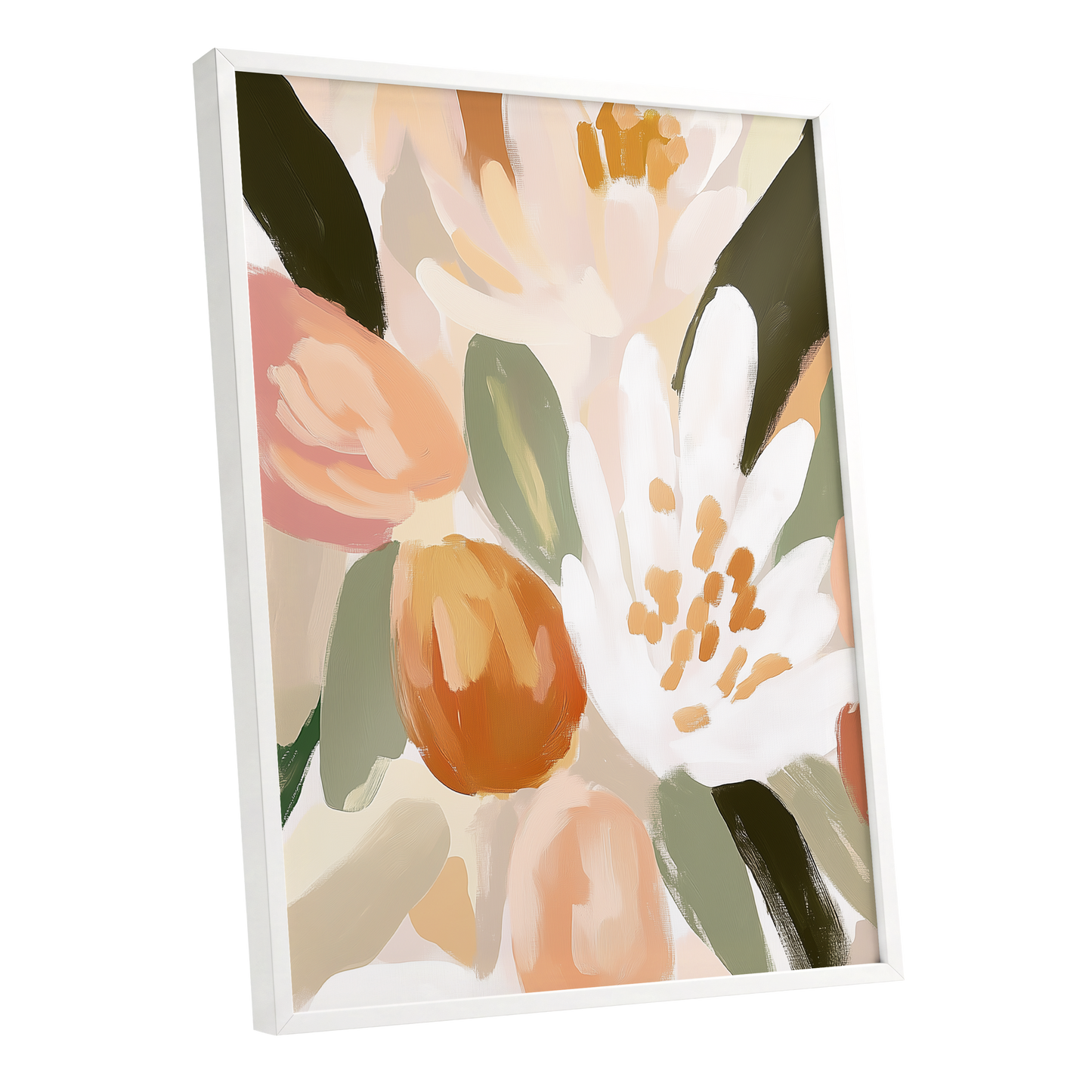Petals in Apricot Light, white, green, beige floral wall art shown as a white framed poster wall art print