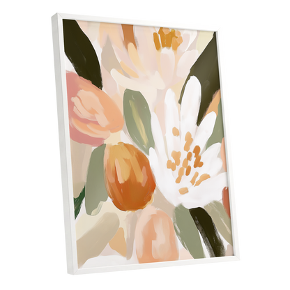 Petals in Apricot Light, white, green, beige floral wall art shown as a white framed poster wall art print