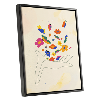 Petals in Flight, beige, pink, blue floral wall art shown as a black framed canvas wall art