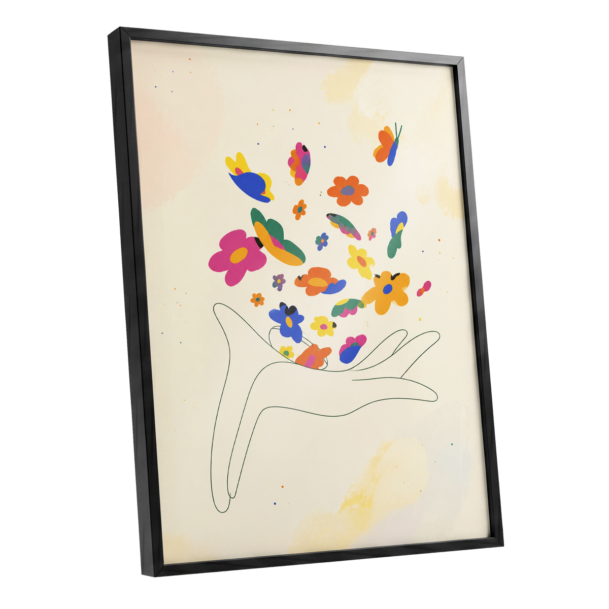 Petals in Flight, beige, pink, blue floral wall art shown as a black framed poster wall art print