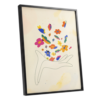 Petals in Flight, beige, pink, blue floral wall art shown as a black framed poster wall art print