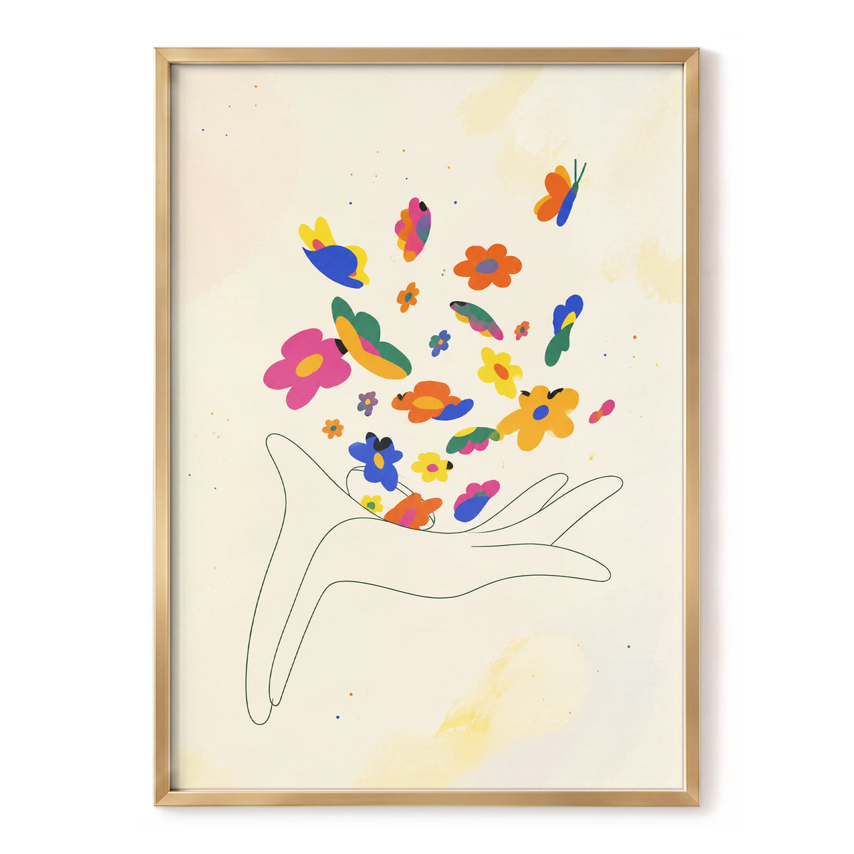 Petals in Flight, beige, pink, blue floral wall art, front artwork view